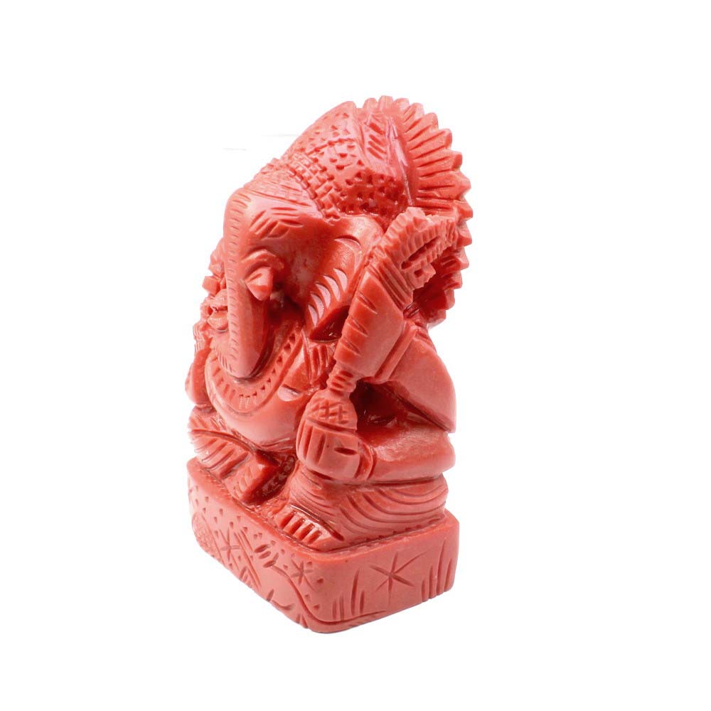 Red Coral Carved Lord Ganesha God Statue Idol Religious