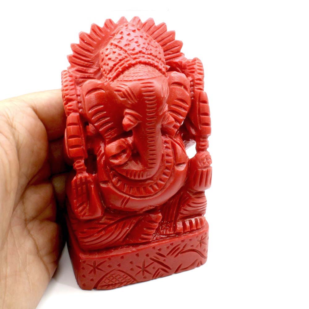 Red Coral Carved Lord Ganesha God Statue Idol Religious