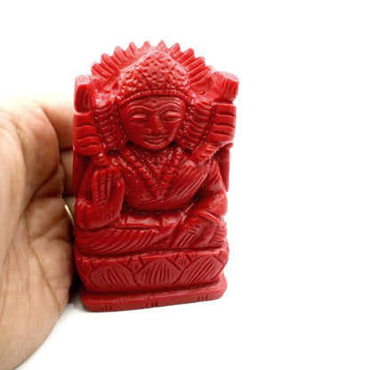 Red Coral Carved Laxmi Mata God Statue Idol Religious