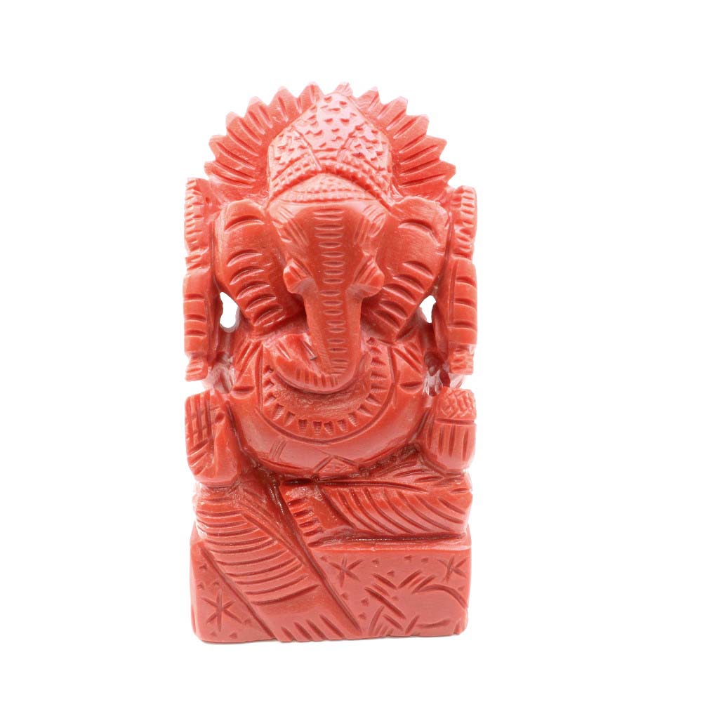 Red Coral Carved Lord Ganesha God Statue Idol Religious