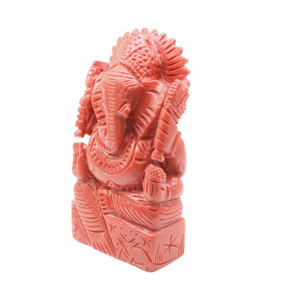 Red Coral Carved Lord Ganesha God Statue Idol Religious