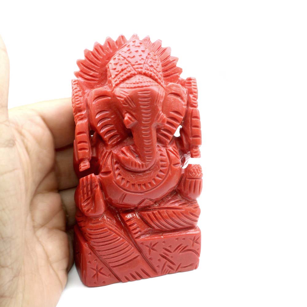 Red Coral Carved Lord Ganesha God Statue Idol Religious