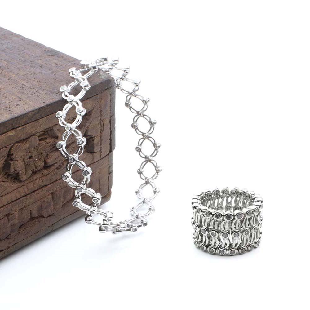 Real Silver White CZ 2 In 1 Ring Bracelet (Free Size)