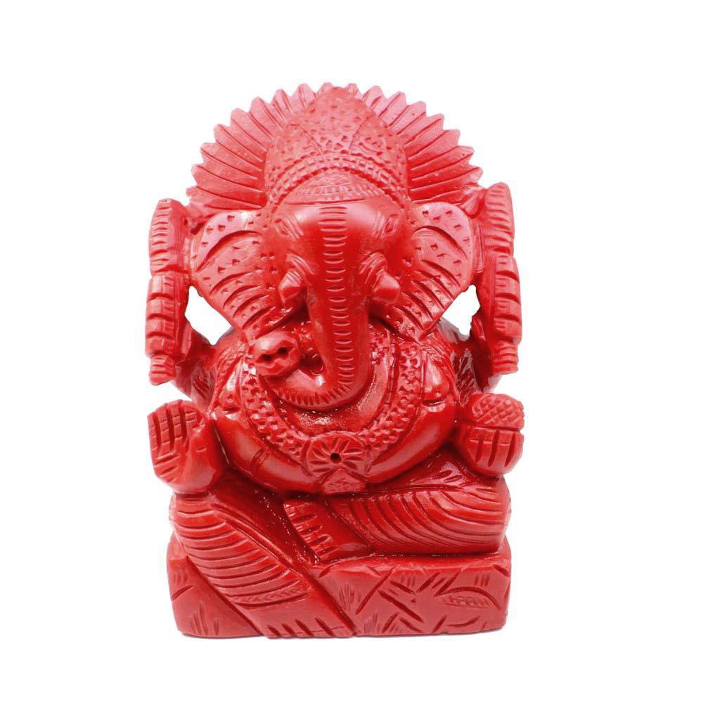 Red Coral Carved Lord Ganesha God Statue Idol Religious