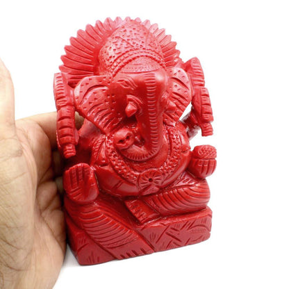 Red Coral Carved Lord Ganesha God Statue Idol Religious