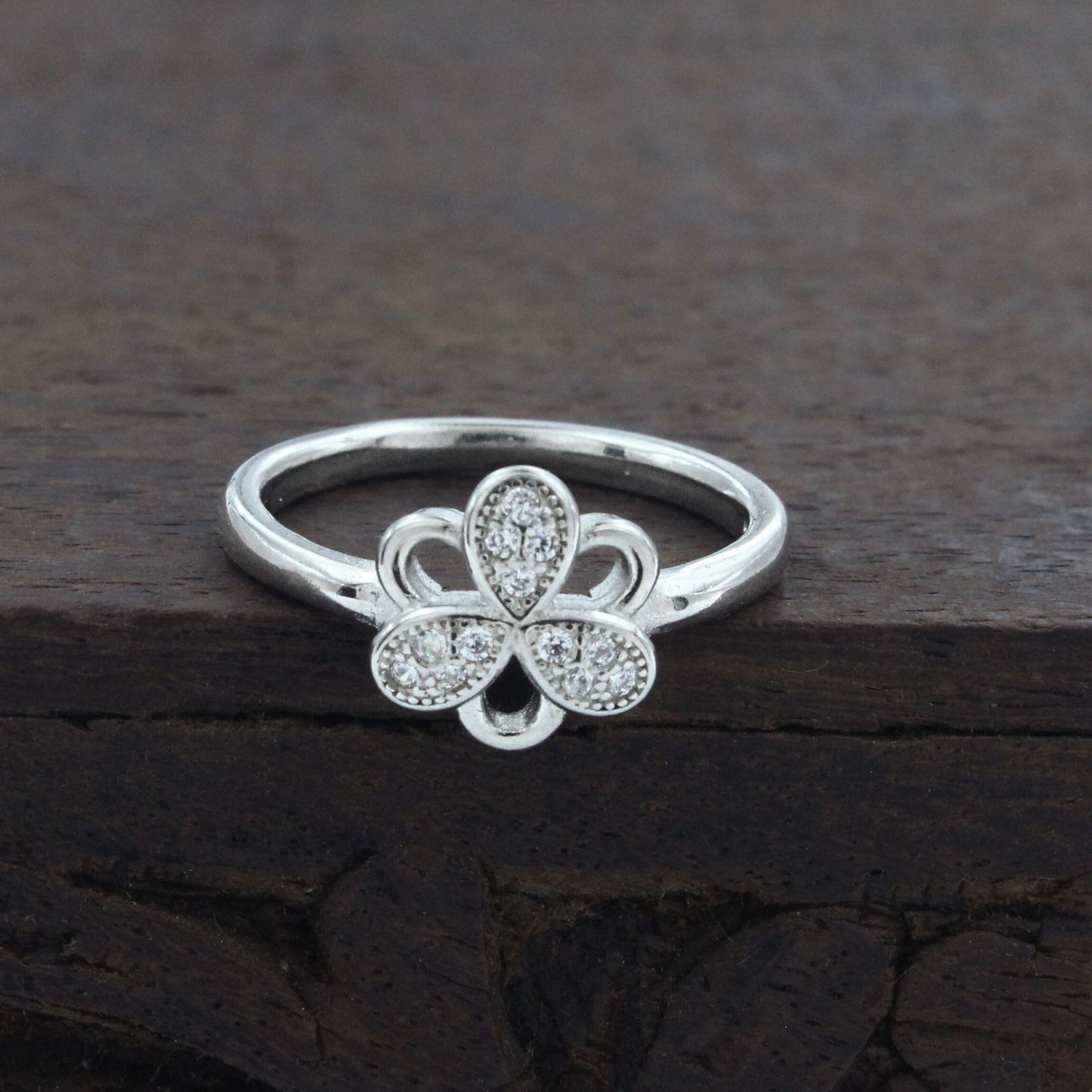 925 Real Silver White CZ Clover Ring