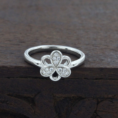 925 Real Silver White CZ Clover Ring