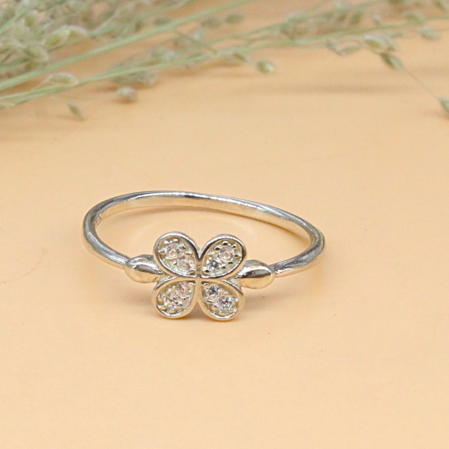 925 Real Silver White CZ Clover Ring