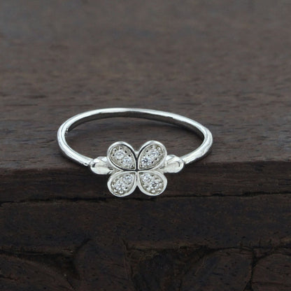 925 Real Silver White CZ Clover Ring