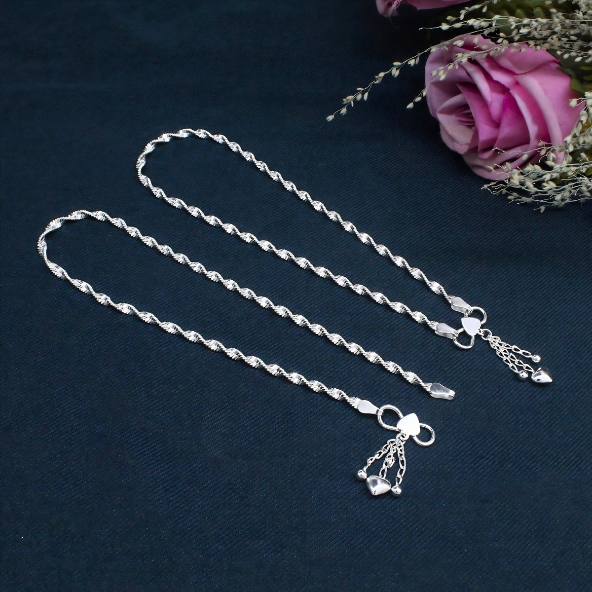 925 Sterling Silver Elegant Heart Tassel Chain Anklet – Women’s 10.3 Inch Jewellery