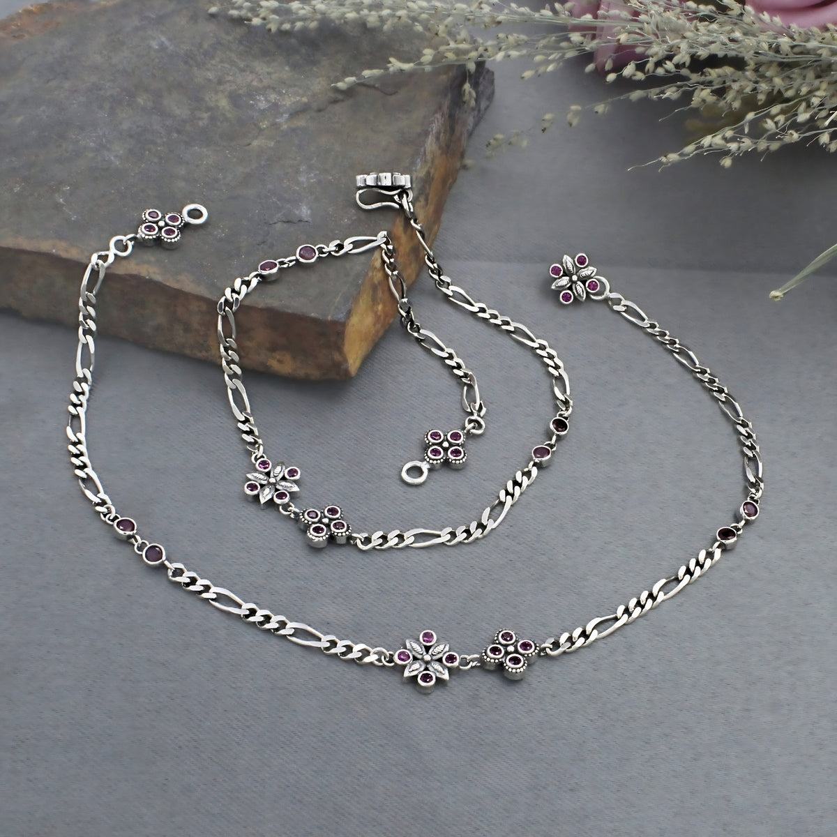 925 Sterling Silver Women’s Figaro Chain Payal – Pink & White CZ Oxidized Anklets 10.3 in