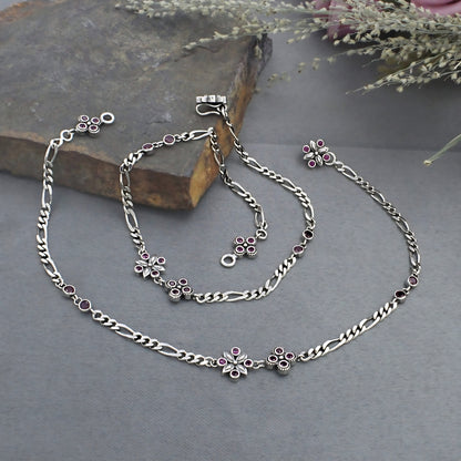 925 Sterling Silver Women’s Figaro Chain Payal – Pink & White CZ Oxidized Anklets 10.3 in