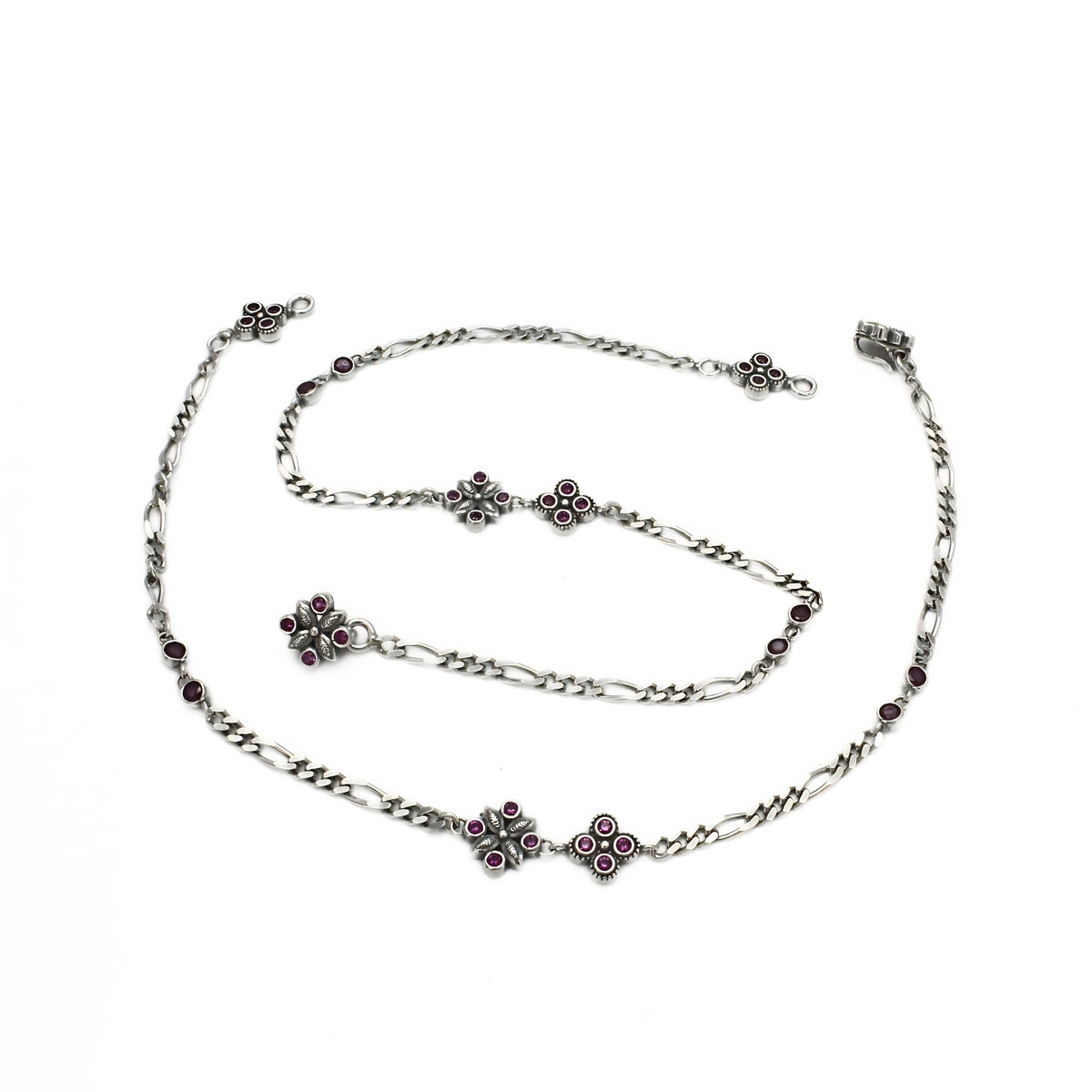 925 Sterling Silver Women’s Figaro Chain Payal – Pink & White CZ Oxidized Anklets 10.3 in