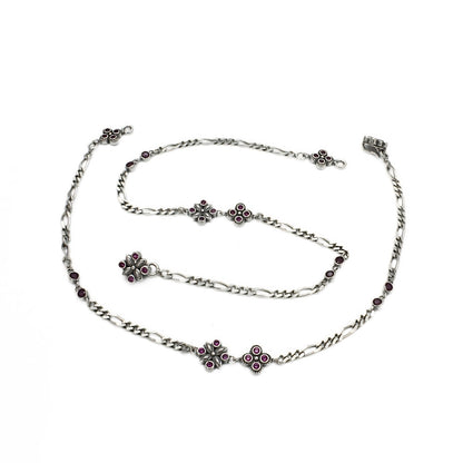 925 Sterling Silver Women’s Figaro Chain Payal – Pink & White CZ Oxidized Anklets 10.3 in