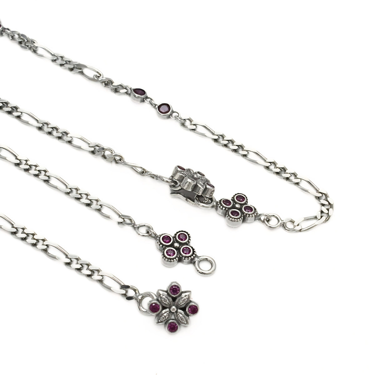 925 Sterling Silver Women’s Figaro Chain Payal – Pink & White CZ Oxidized Anklets 10.3 in