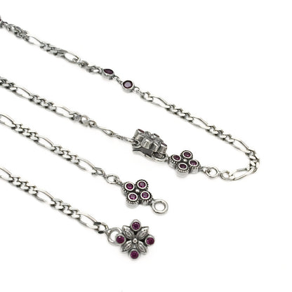 925 Sterling Silver Women’s Figaro Chain Payal – Pink & White CZ Oxidized Anklets 10.3 in