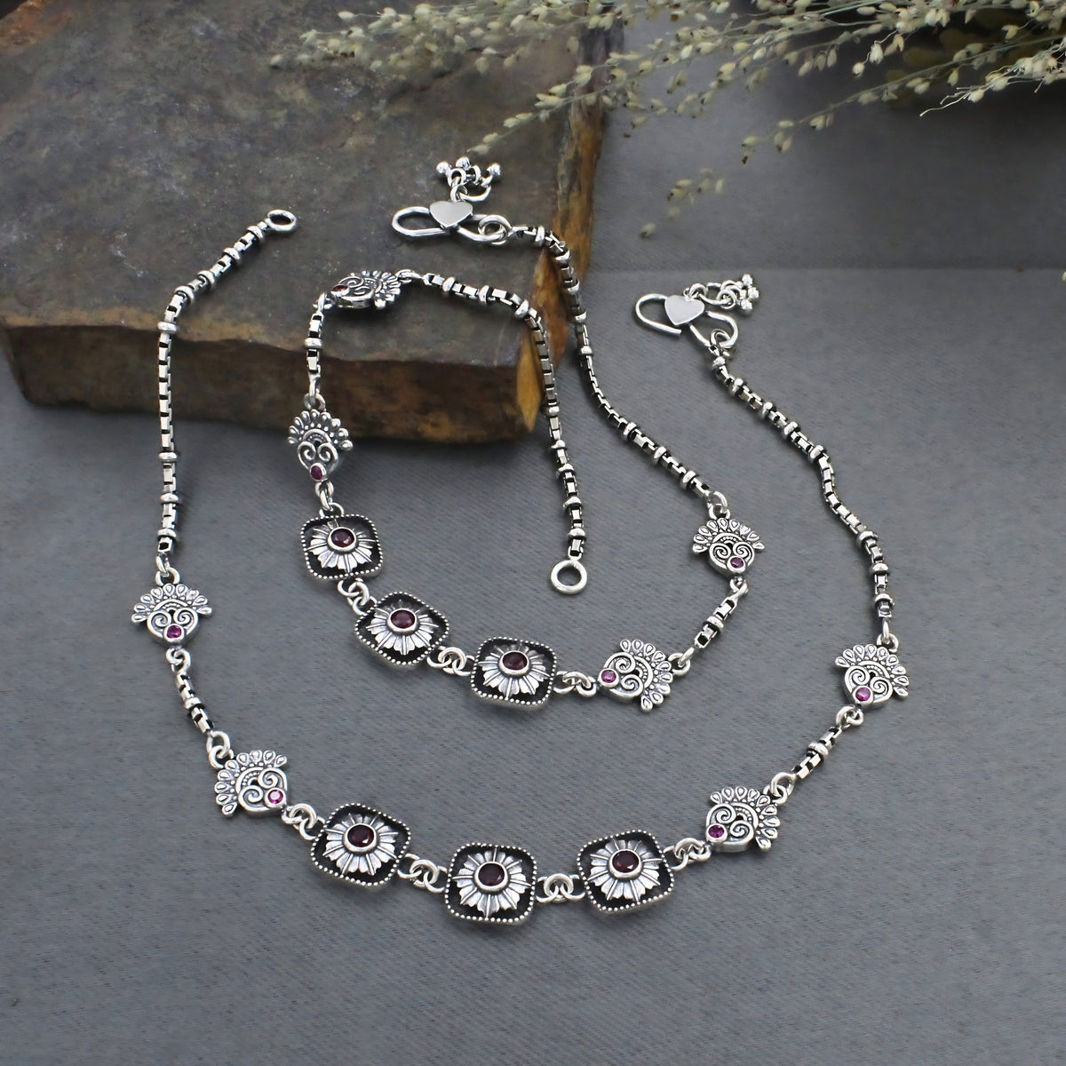 925 Sterling Silver Women’s Paisley Jhanjhar – Pink CZ Oxidized Anklet