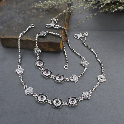 925 Sterling Silver Women’s Paisley Jhanjhar – Pink CZ Oxidized Anklet