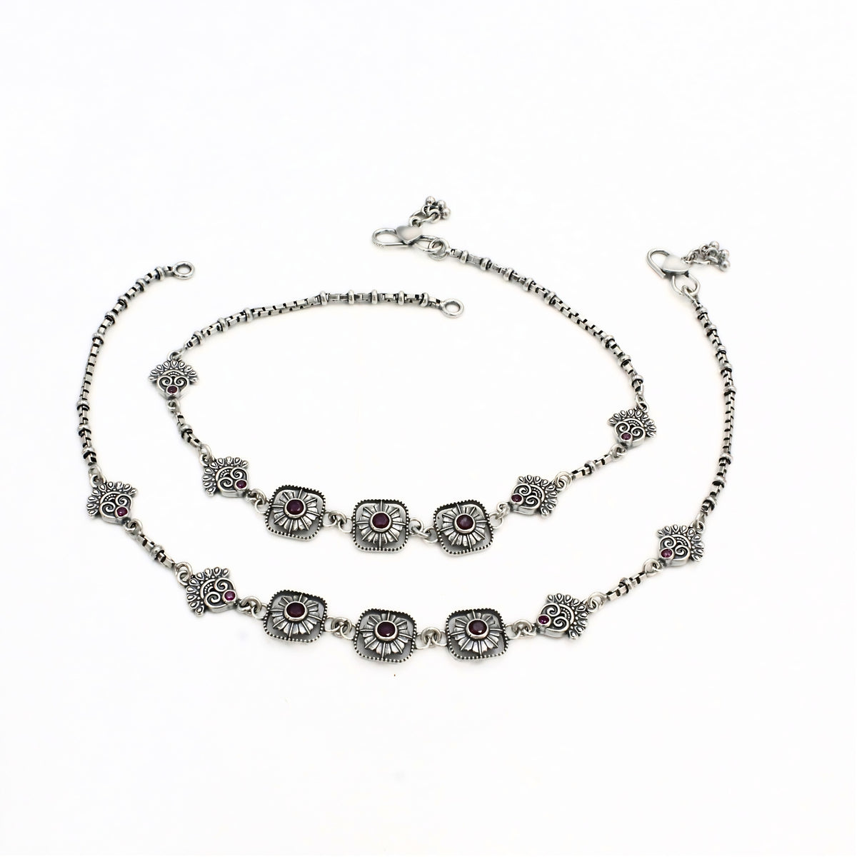 925 Sterling Silver Women’s Paisley Jhanjhar – Pink CZ Oxidized Anklet