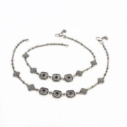 925 Sterling Silver Women’s Paisley Jhanjhar – Pink CZ Oxidized Anklet