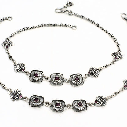 925 Sterling Silver Women’s Paisley Jhanjhar – Pink CZ Oxidized Anklet