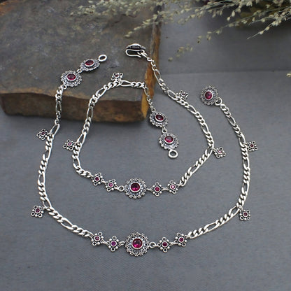Pink CZ Figaro Chain Anklet Pair – 925 Sterling Silver Oxidized Payal 10.3 inch