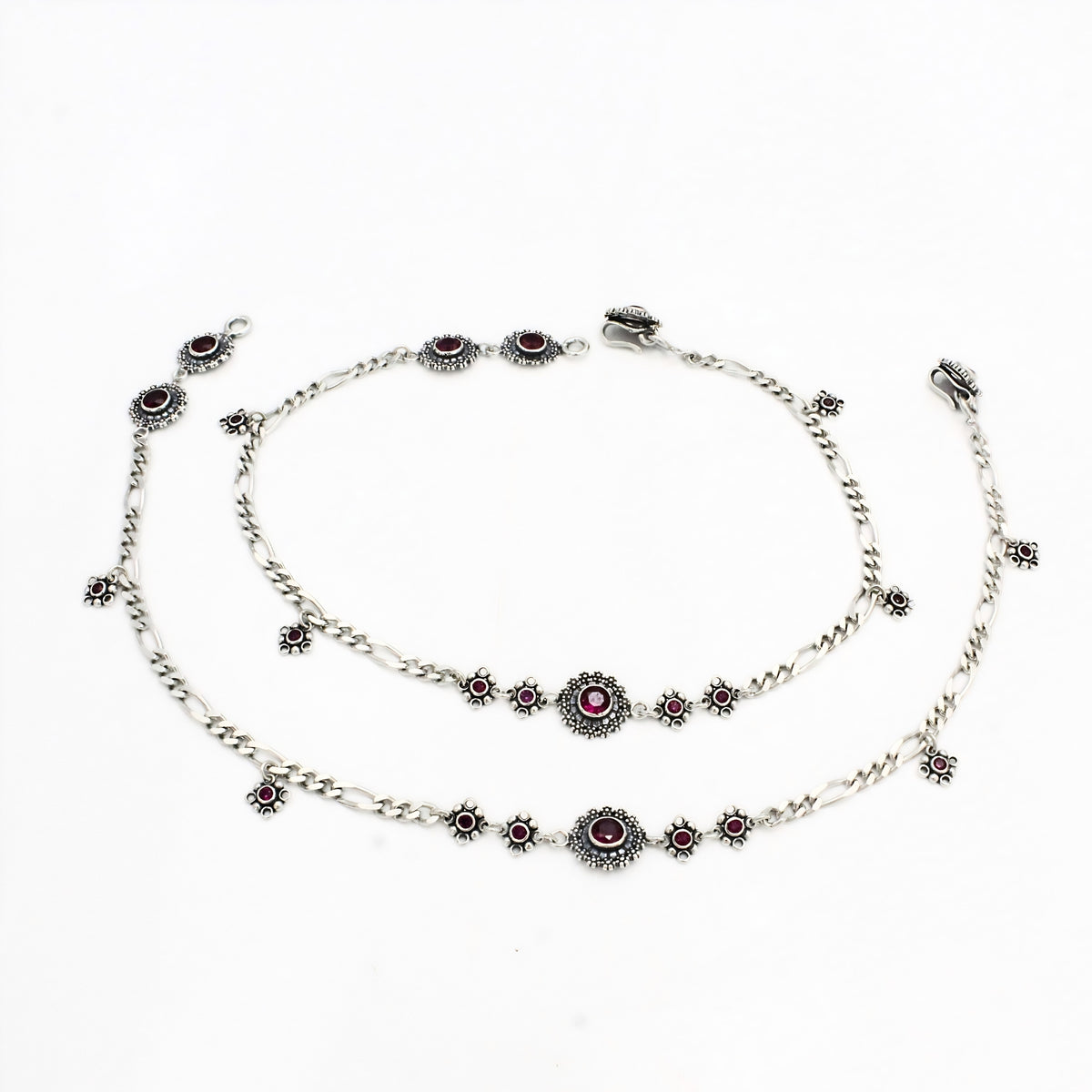 Pink CZ Figaro Chain Anklet Pair – 925 Sterling Silver Oxidized Payal 10.3 inch