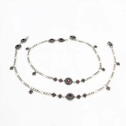 Pink CZ Figaro Chain Anklet Pair – 925 Sterling Silver Oxidized Payal 10.3 inch