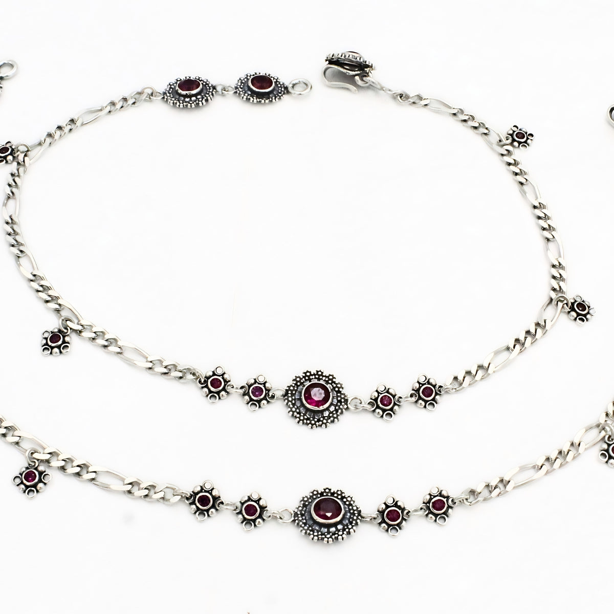 Pink CZ Figaro Chain Anklet Pair – 925 Sterling Silver Oxidized Payal 10.3 inch