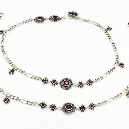 Pink CZ Figaro Chain Anklet Pair – 925 Sterling Silver Oxidized Payal 10.3 inch