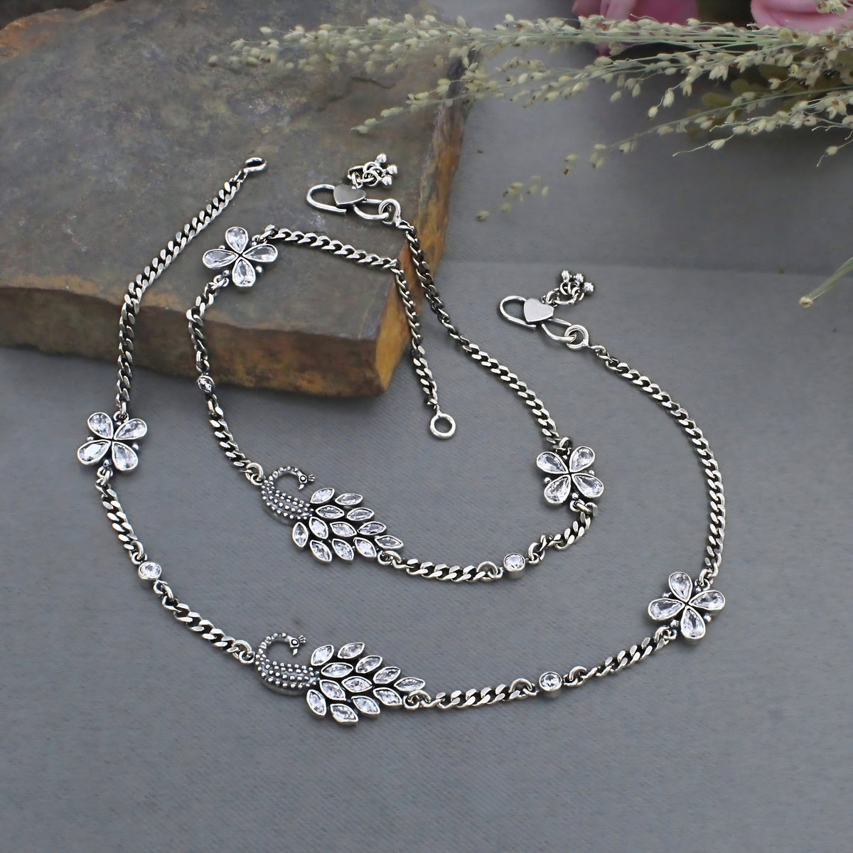 Women’s 925 Silver Peacock Anklet Payal Pair – White CZ Stones with Oxidized