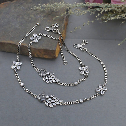 Women’s 925 Silver Peacock Anklet Payal Pair – White CZ Stones with Oxidized