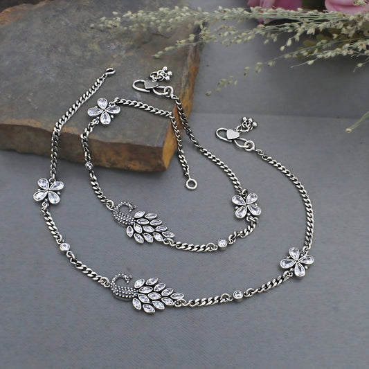Women’s 925 Silver Peacock Anklet Payal Pair – White CZ Stones with Oxidized