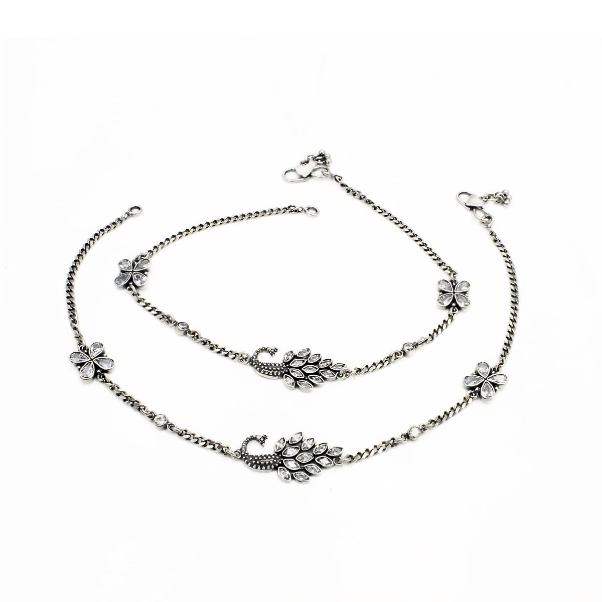 Women’s 925 Silver Peacock Anklet Payal Pair – White CZ Stones with Oxidized