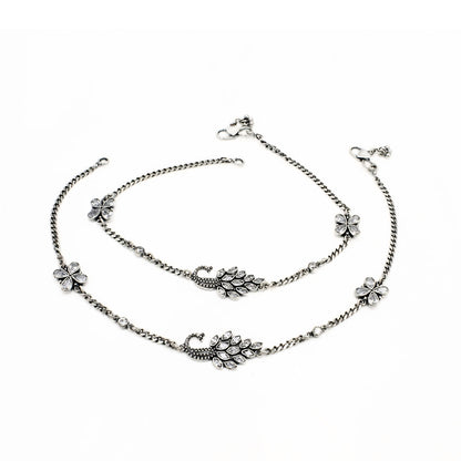 Women’s 925 Silver Peacock Anklet Payal Pair – White CZ Stones with Oxidized