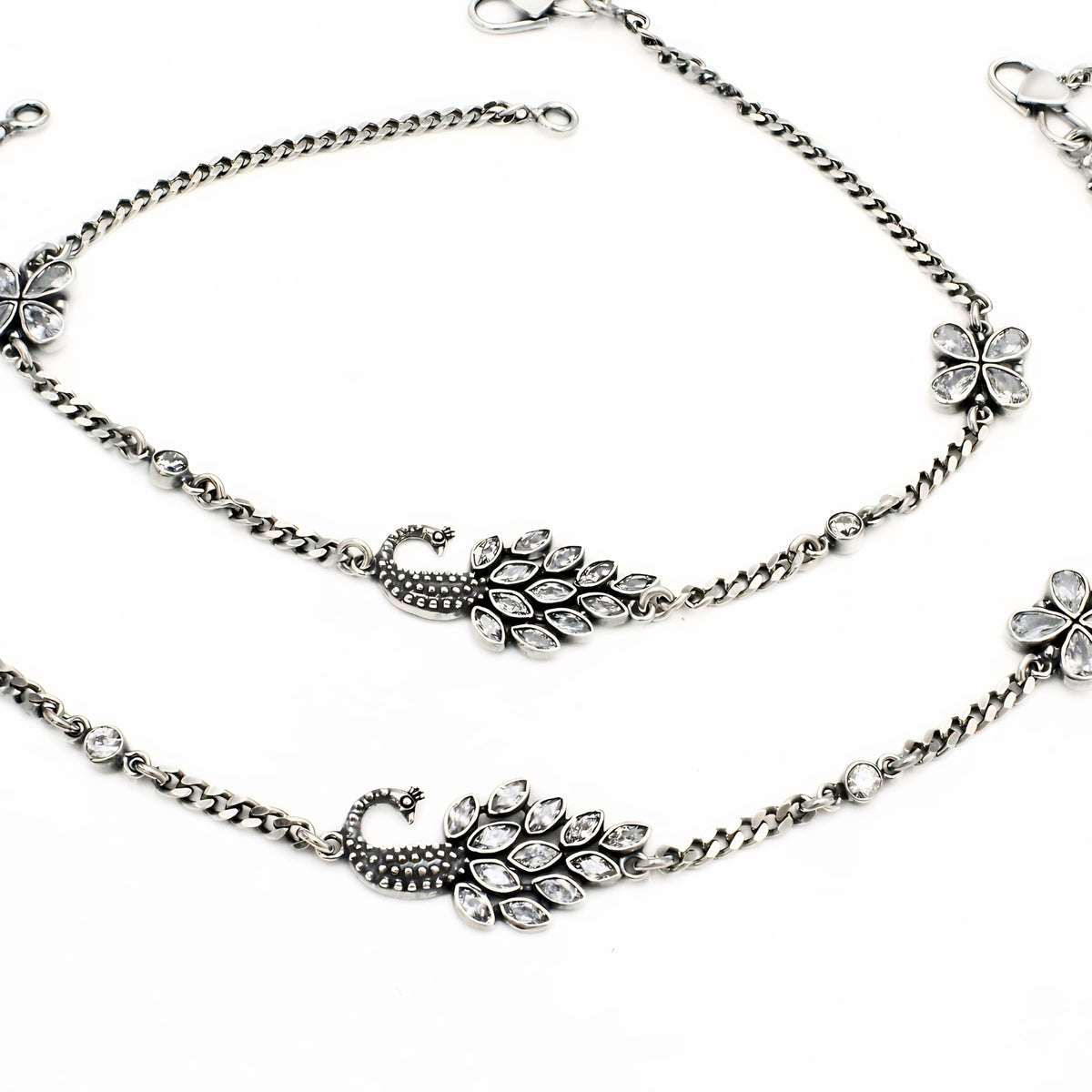 Women’s 925 Silver Peacock Anklet Payal Pair – White CZ Stones with Oxidized