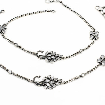 Women’s 925 Silver Peacock Anklet Payal Pair – White CZ Stones with Oxidized