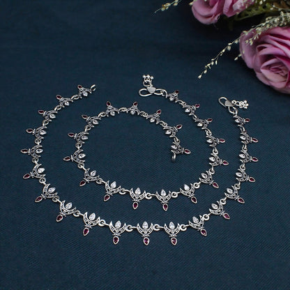 925 Silver CZ Crescent Moon Oxidized Anklet Pair – 10.3 Inch