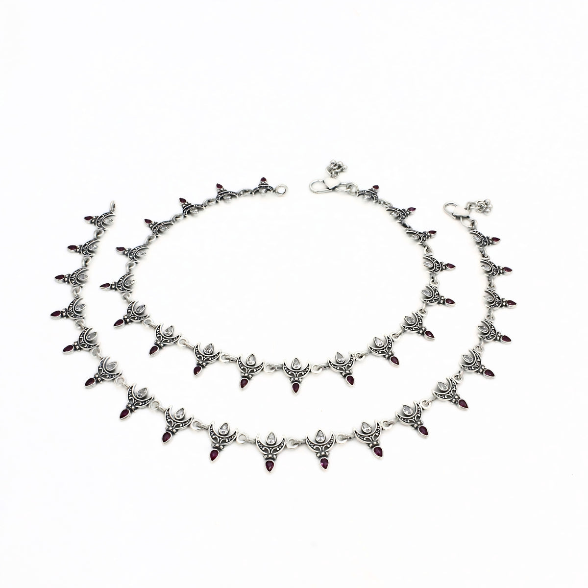 925 Silver CZ Crescent Moon Oxidized Anklet Pair – 10.3 Inch