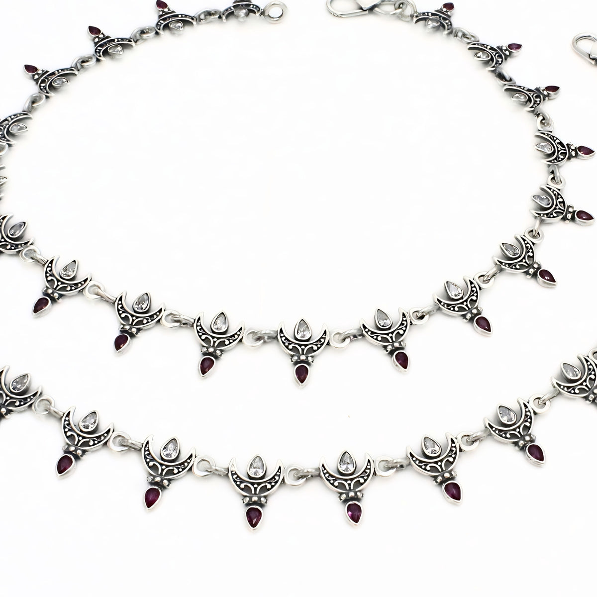 925 Silver CZ Crescent Moon Oxidized Anklet Pair – 10.3 Inch
