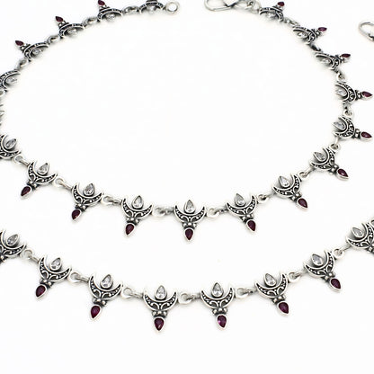 925 Silver CZ Crescent Moon Oxidized Anklet Pair – 10.3 Inch