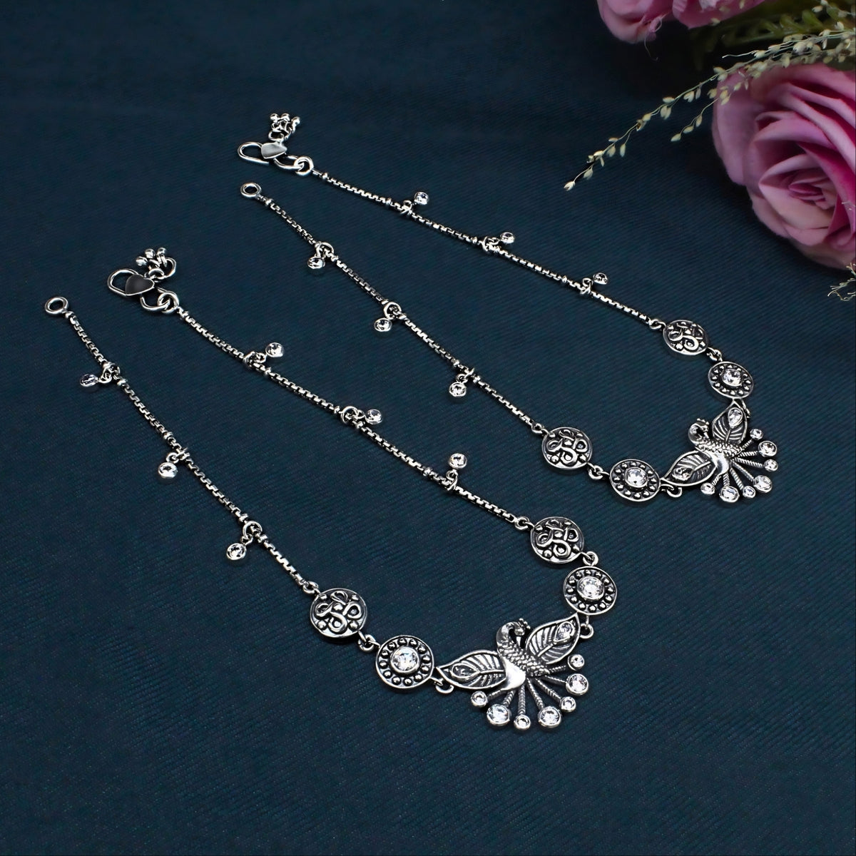 925 Silver Peacock Design White CZ Anklet Pair – Oxidized Finish