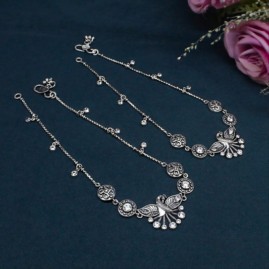 925 Silver Peacock Design White CZ Anklet Pair – Oxidized Finish