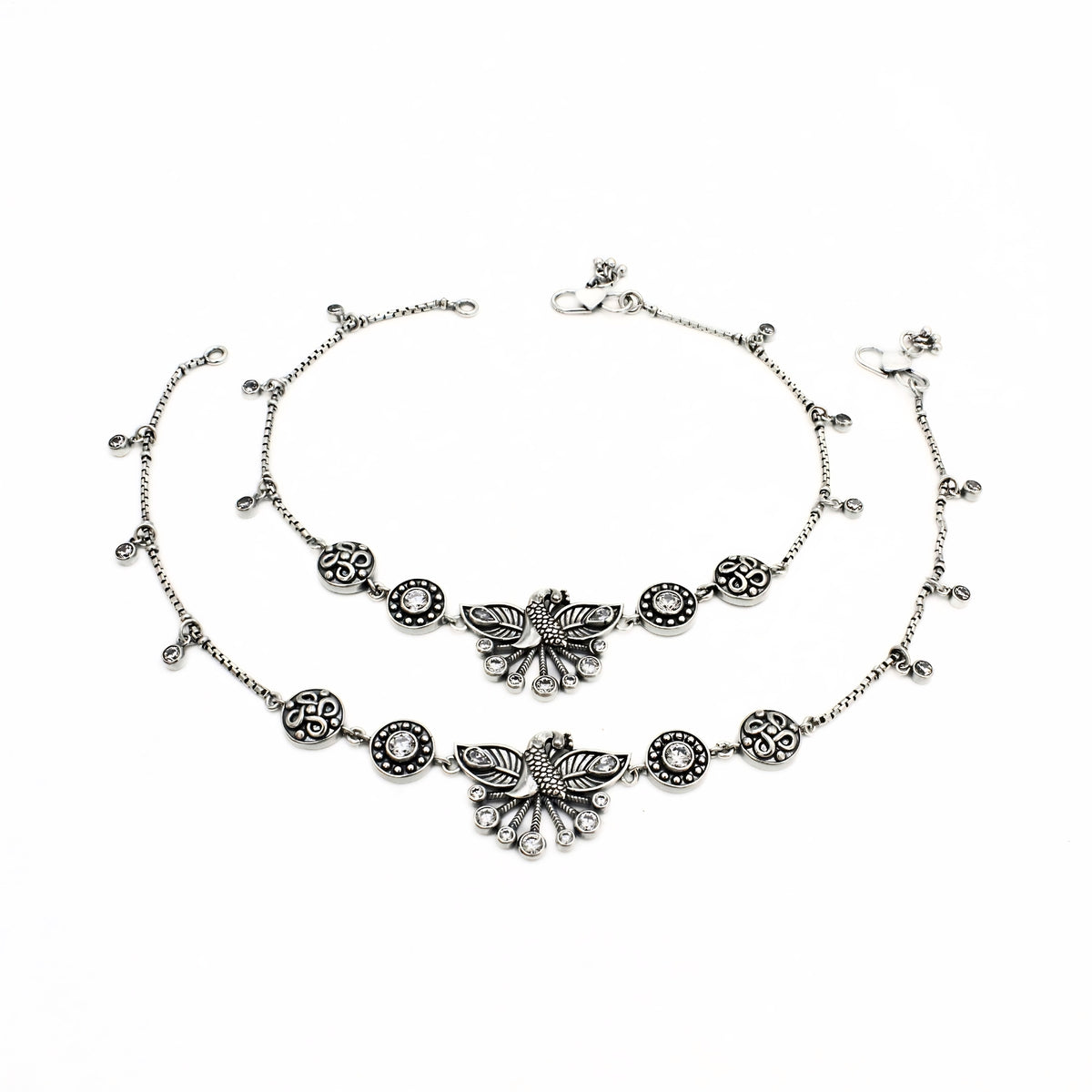 925 Silver Peacock Design White CZ Anklet Pair – Oxidized Finish