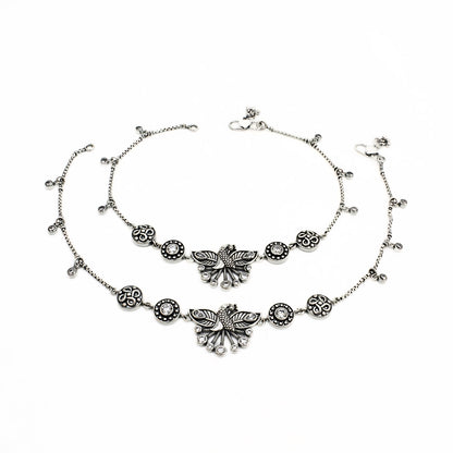 925 Silver Peacock Design White CZ Anklet Pair – Oxidized Finish