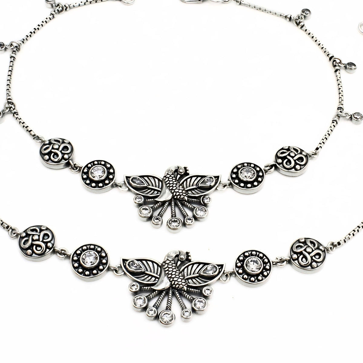 925 Silver Peacock Design White CZ Anklet Pair – Oxidized Finish