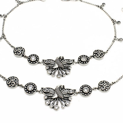 925 Silver Peacock Design White CZ Anklet Pair – Oxidized Finish