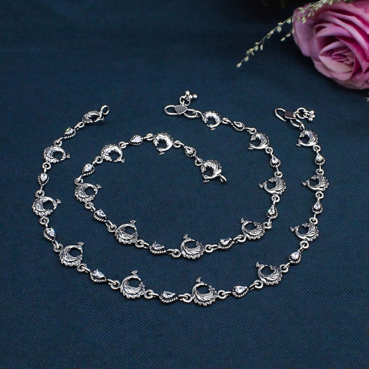 Traditional Peacock Anklet Pair – 925 Sterling Silver Oxidized Design, 10.5 Inch
