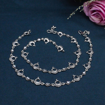 Traditional Peacock Anklet Pair – 925 Sterling Silver Oxidized Design, 10.5 Inch