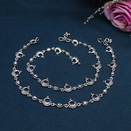 Traditional Peacock Anklet Pair – 925 Sterling Silver Oxidized Design, 10.5 Inch